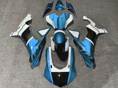Carenagens Moto Yamaha R1 2015-2019 - Azul Claro Branco Fibra de Carbono Accents